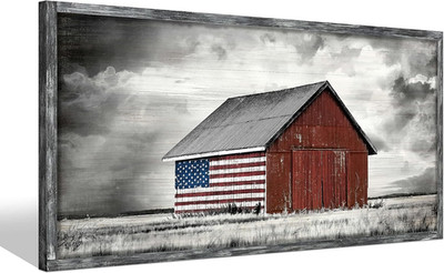 Rustic American Flag Barn Wall Art - Farmhouse Landscape Framed Decor