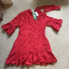 Farm Rio mini dress small red palm tree, red, sleeves, belt, buttons NWT, OBO