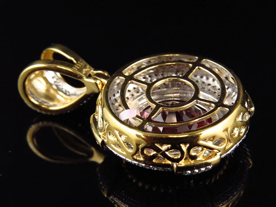 4Ct Round Cut Lab Created Ruby Men's Halo Pendant 14k Yellow Gold Finish - Image 3 of 4