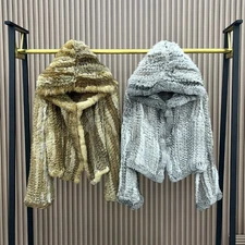 Rabbit Fur Knitted Coat Hooded Short Real Fur Flare Sleeves Jacket Outwear