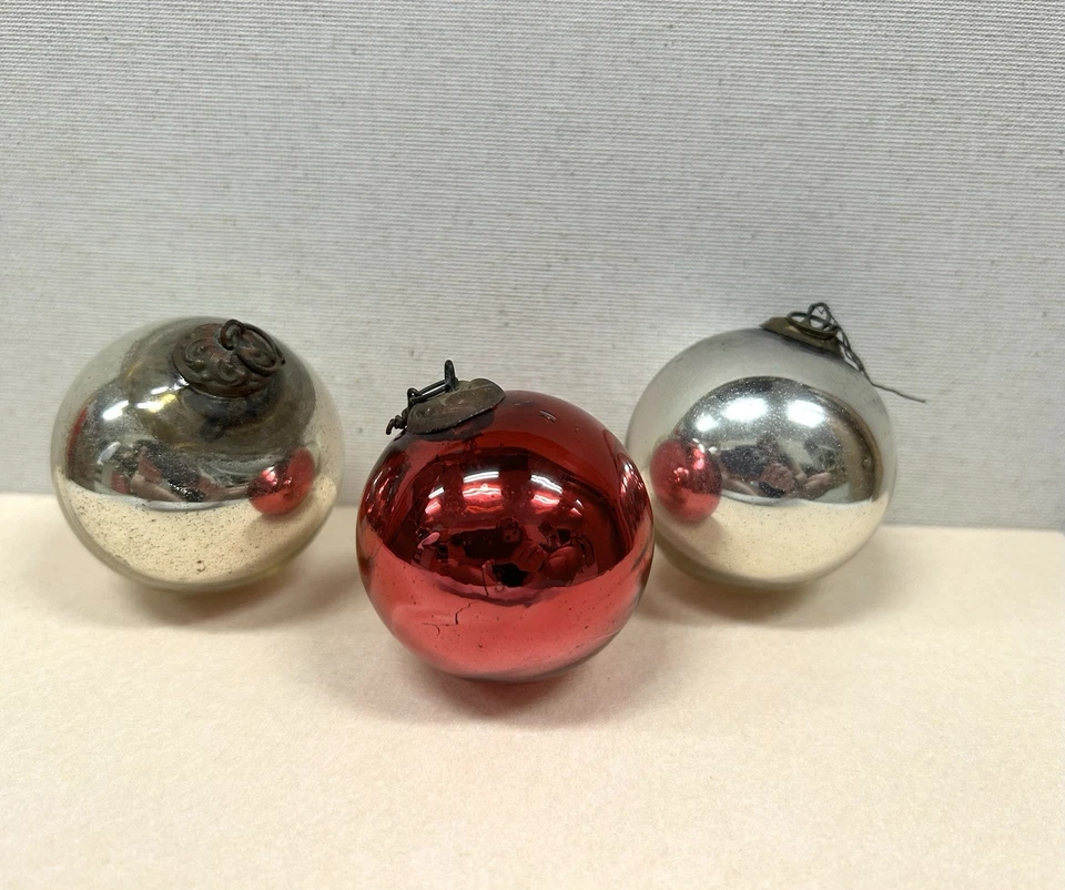 3 Mercury Glass Antique Victorian Kugel Christmas Tree Ornaments 7" - Image 2 of 4