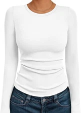 AUTOMET Women's Long Sleeve Blouses Shirts with Ribbed Knit Medium, White