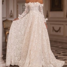 Off The Shoulder Wedding Dress Classic Lace Appliques Vintage White Bridal Gown