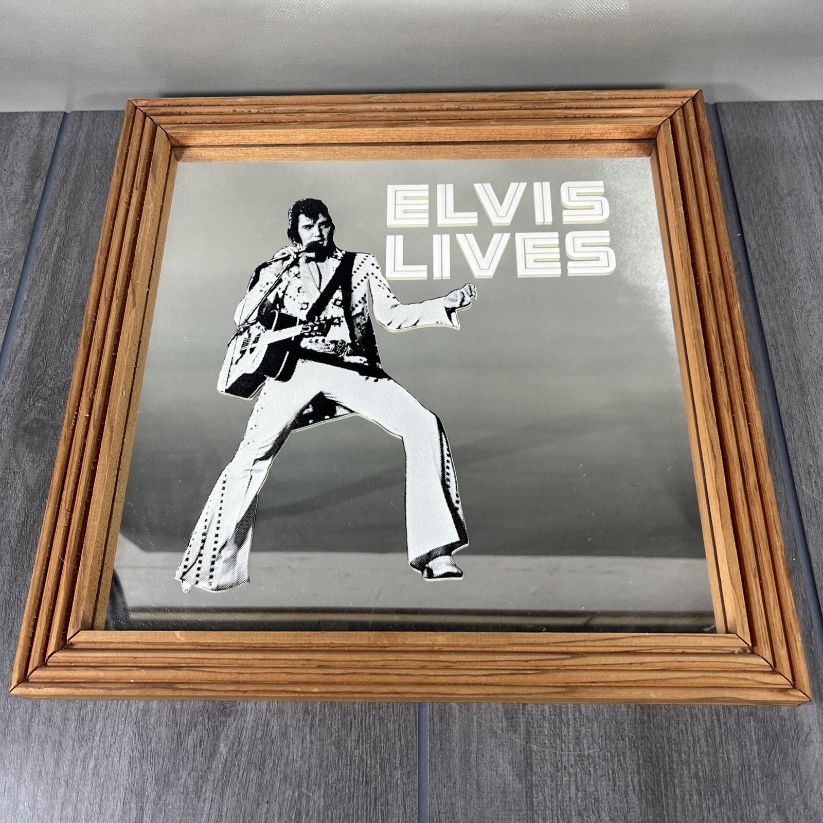 Vintage Rare Elvis Presley Lives 13.5” Mirror With Original Wooden Frame