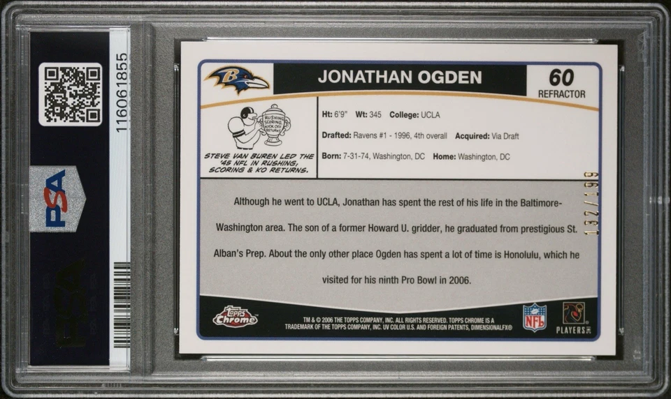 2006 Topps Chrome Jonathan Ogden Black Refractor #/199 Ravens PSA 9 MINT POP 1 - Image 2 of 2