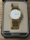 Seiko Watch Men 34mm White Dial Gold Tone Date Round V739-0A59 New Battery
