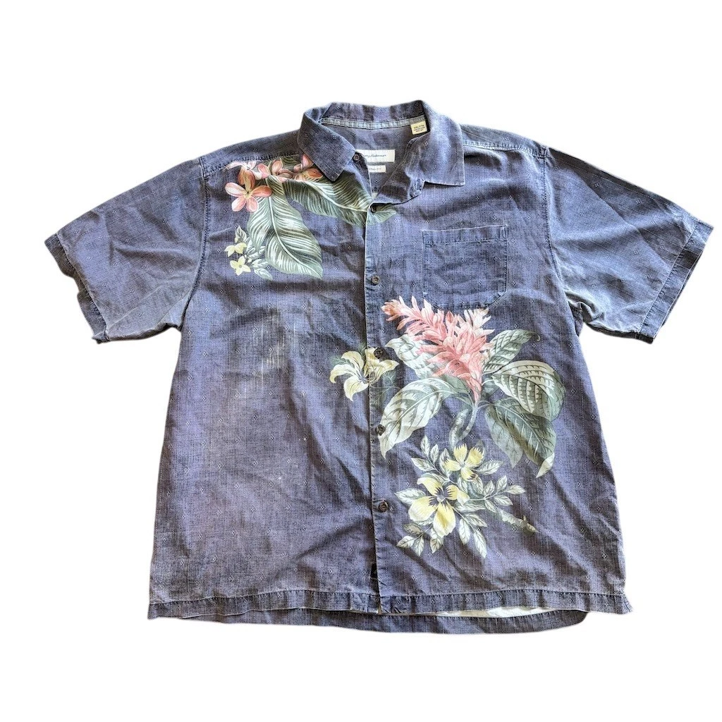 Tommy Bahama Hawaiian Camp Shirt Mens 2XL Blue Floral Short Sleeve