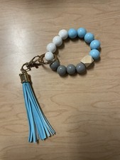 Bright Blue, Grey  White Wooden Beaded Wristlet Keychain With Tassel