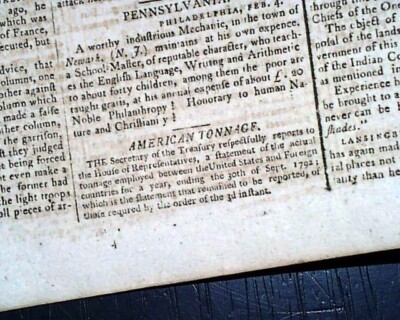 ALEXANDER HAMILTON Secretary of the Treasury Shipping Tonnage 1794 Newspaper