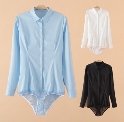 Lady Bodysuit Shirt Work Blouse Button Down Short Long Sleeves Top Cotton Black