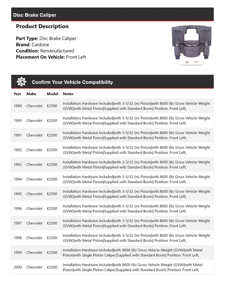 Штангенциркуль переднего левого дискового тормоза для Chevrolet K2500 1989-2000 годов выпуска 1990 1991 годов выпуска - Изображение 2 из 4
