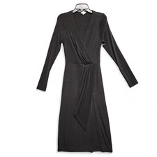 Good American Shimmer Long Sleeve Faux Wrap Dress Women 2 Black Slit NEW w/o Tag
