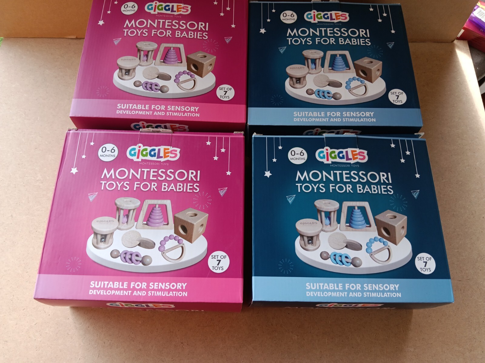 4) Giggles PINK & BLUE Wooden Montessori Toys For Babies 0-6 Months (7 Toys) NEW