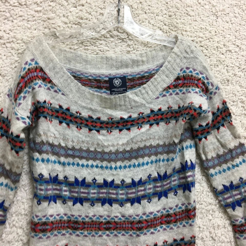American Eagle Sweater Small Adult Gray Fair Isle Acrylic Wool Pullover Womens S - Image 2 of 4