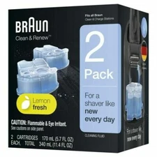 2 Pack Braun Clean & Renew Refill Cartridges CCR Lemon Fresh Keep Clean Shaver
