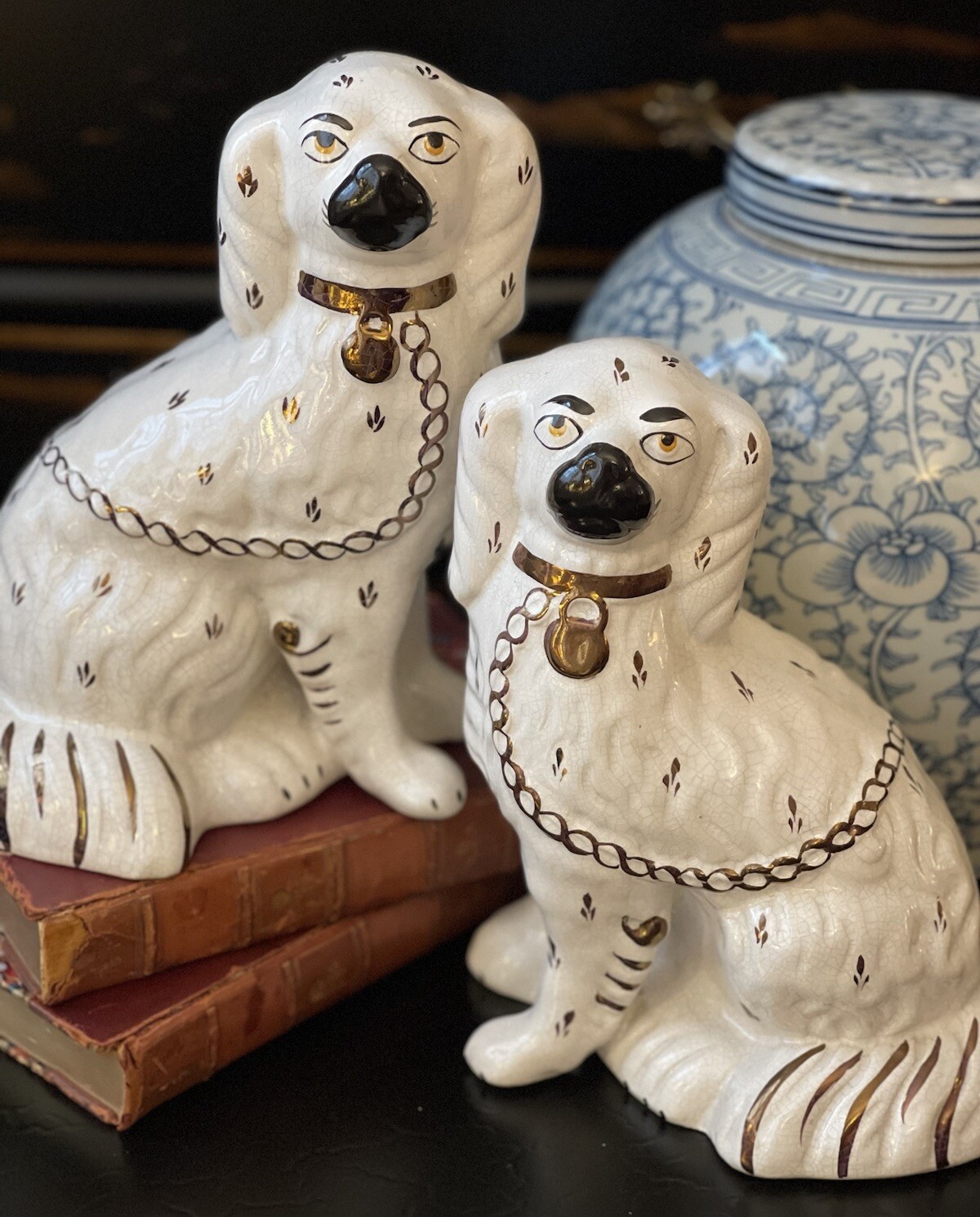 SUPERB PAIR mid 19thC STAFFORDSHIRE BLACK & WHITE PAIRS of SPANIEL
