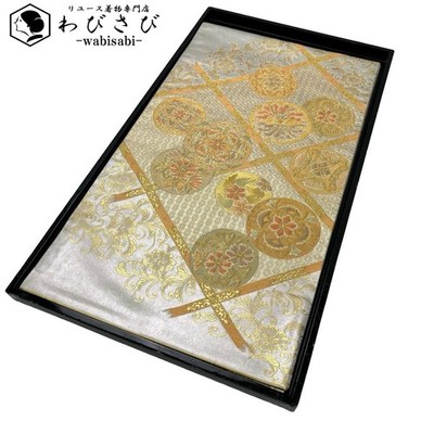 FUKURO OBI Floral pattern Floral Arabesque GOLD THREAD SILVER O-6184