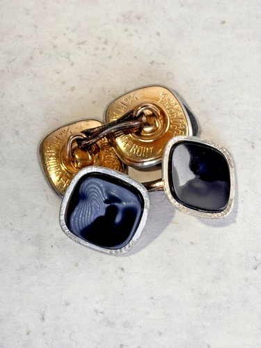 VINTAGE Onyx Black Platinum Gold Filled Kum-a-Part Cufflinks Kum A Part