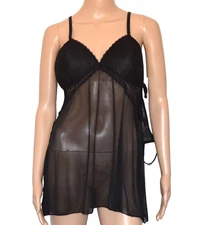 NWT FLORA By Flora Nikrooz Babydoll Set Black Lace With Thong 2-Piece Size L