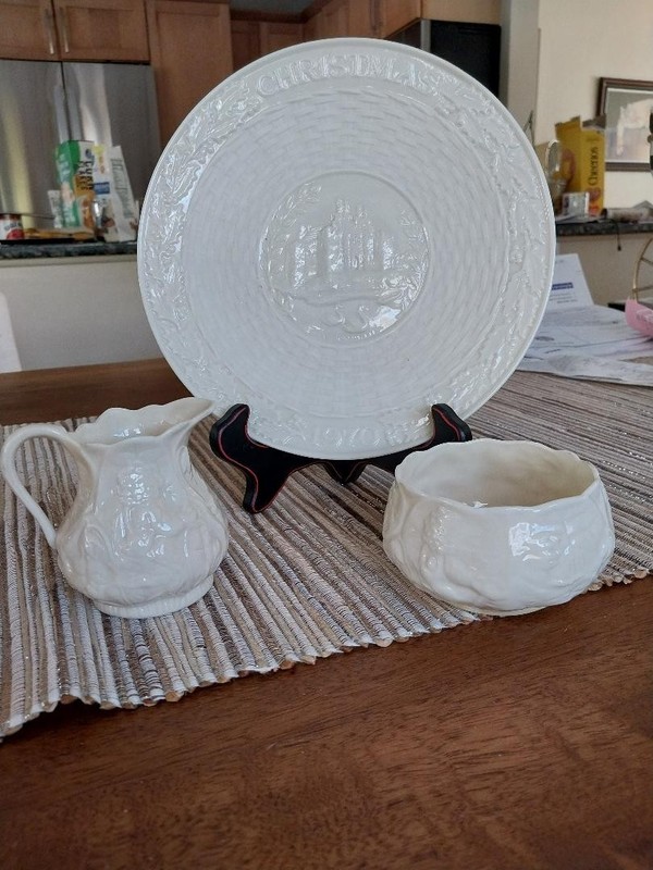 VTG Belleek 1965-1980 Lotus Creamer and Open Sugar Bowl and 1970 Christmas plate