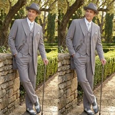 Gray Men's Suits British Peak Lapel Wedding Evening Party Prom Long Blazer 3Pcs