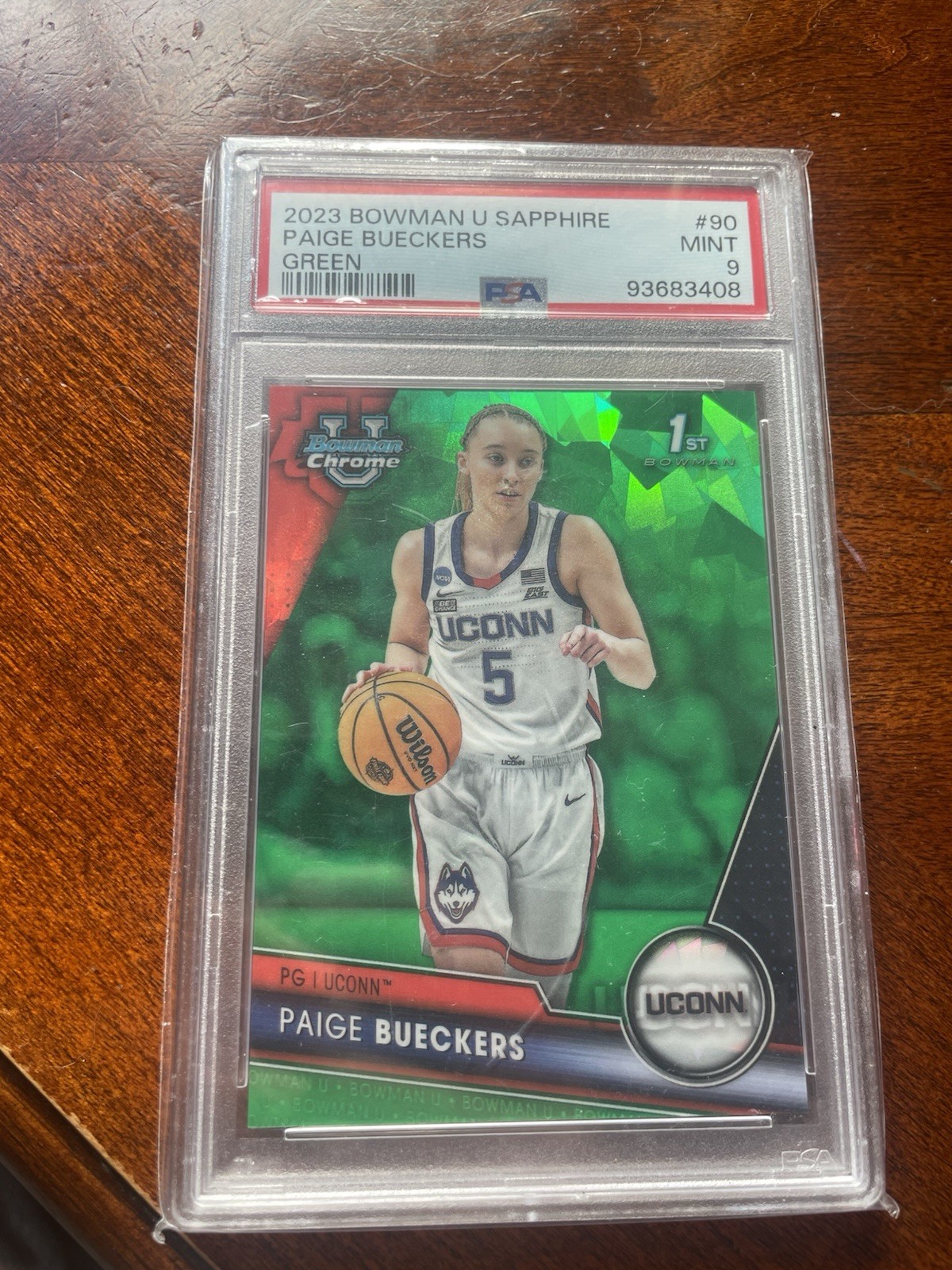 Topps 2023 Bowman U Sapphire Paige Bueckers UConn #90 Green 14/99 PSA 9 view 1