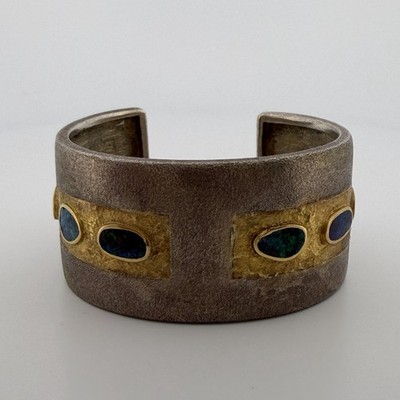 Boulder Opal Inlay breites Armreif Armband 925 Sterling Silber 14K Gold 67g 30mm
