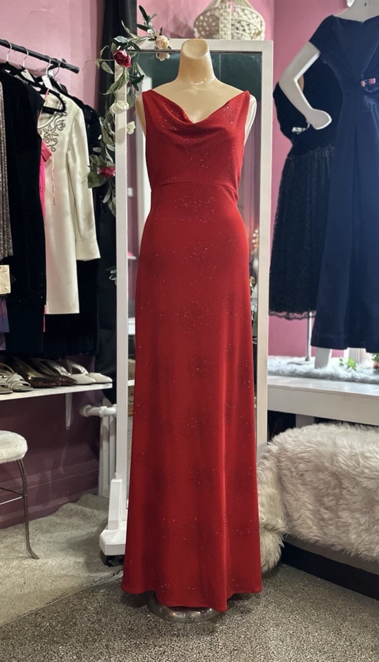 Maxi Vestido Vintage Años 90 Rojo Brillo Baile de graduación Formal Noche Slinky Tirantes M Foto 2 de 4