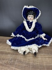 Rare China Doll Head Shoulder /Limbs Cloth Body 18 Vintage Blue Velvet Dress