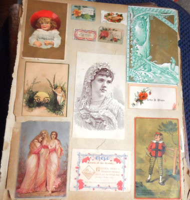 2 1876 Antique Scrapbook Pages - SCRAPS ON 3 SIDES - CALLING, TRADE CARDS & MORE