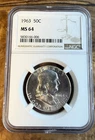 1963 Franklin Half Dollar, NGC MS64. Mirrors. Free Shipping. ￼