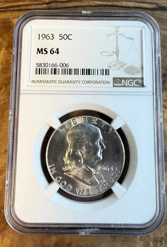 1963 Franklin Half Dollar, NGC MS64. Mirrors. Free Shipping. ￼