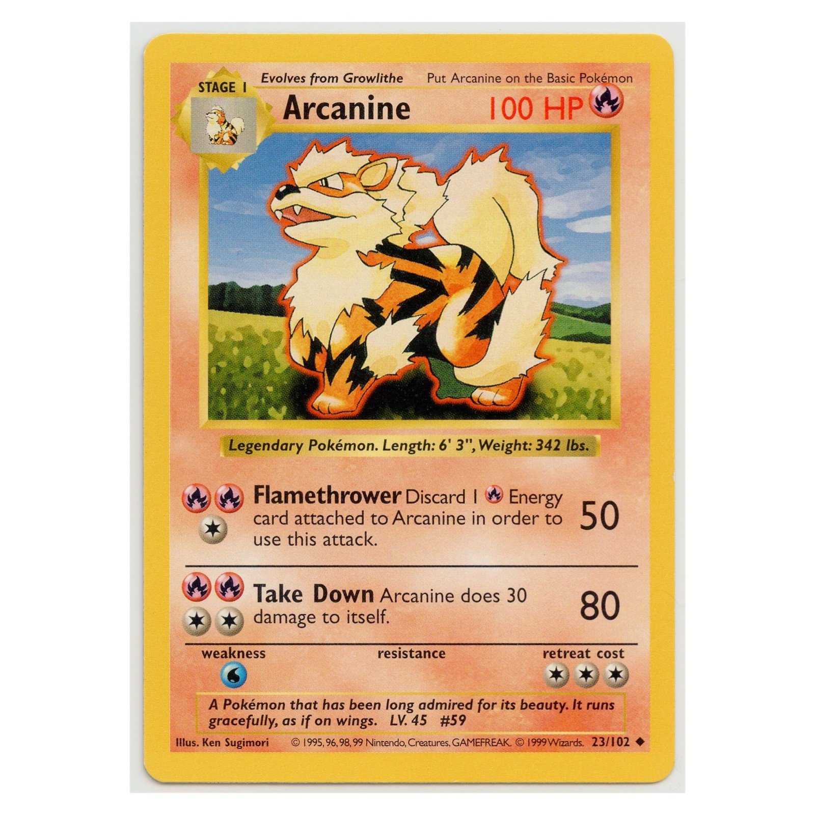 1999 Vintage Pokémon Arcanine Shadowless Base Set WOTC #23/102 LP