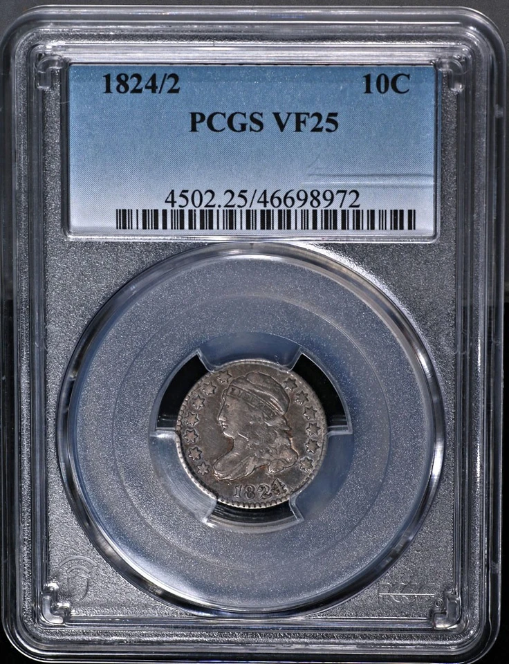 Moneda de diez centavos busto 1824/2 graduación profesional VF25 excelente atractivo visual buen golpe Foto 3 de 4