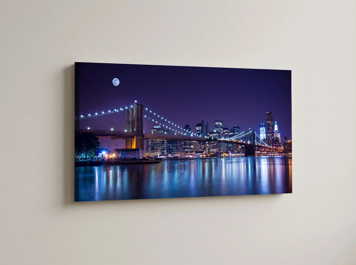 Décoration Murale Métal - Peinture Aluminium Industrielle - New York Coucher De Soleil Bridge De Brooklyn 120x80 Cm Dibond Photo Sur Aluminium Decoration Murale Industrielle Pour Le Salon Chambre