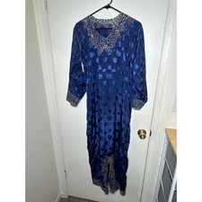 Vintage Kaftan Muumuu Navy with jacquard leaf pattern and embroidery