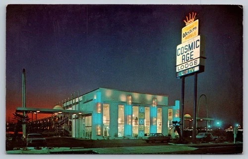 Vintage Cosmic Age Lodge Motel Anaheim California Neon Sign Postcard