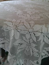 Oversized White Lace Tablecloth – Approx. 108" x 92" – Holiday Poinsettia Design