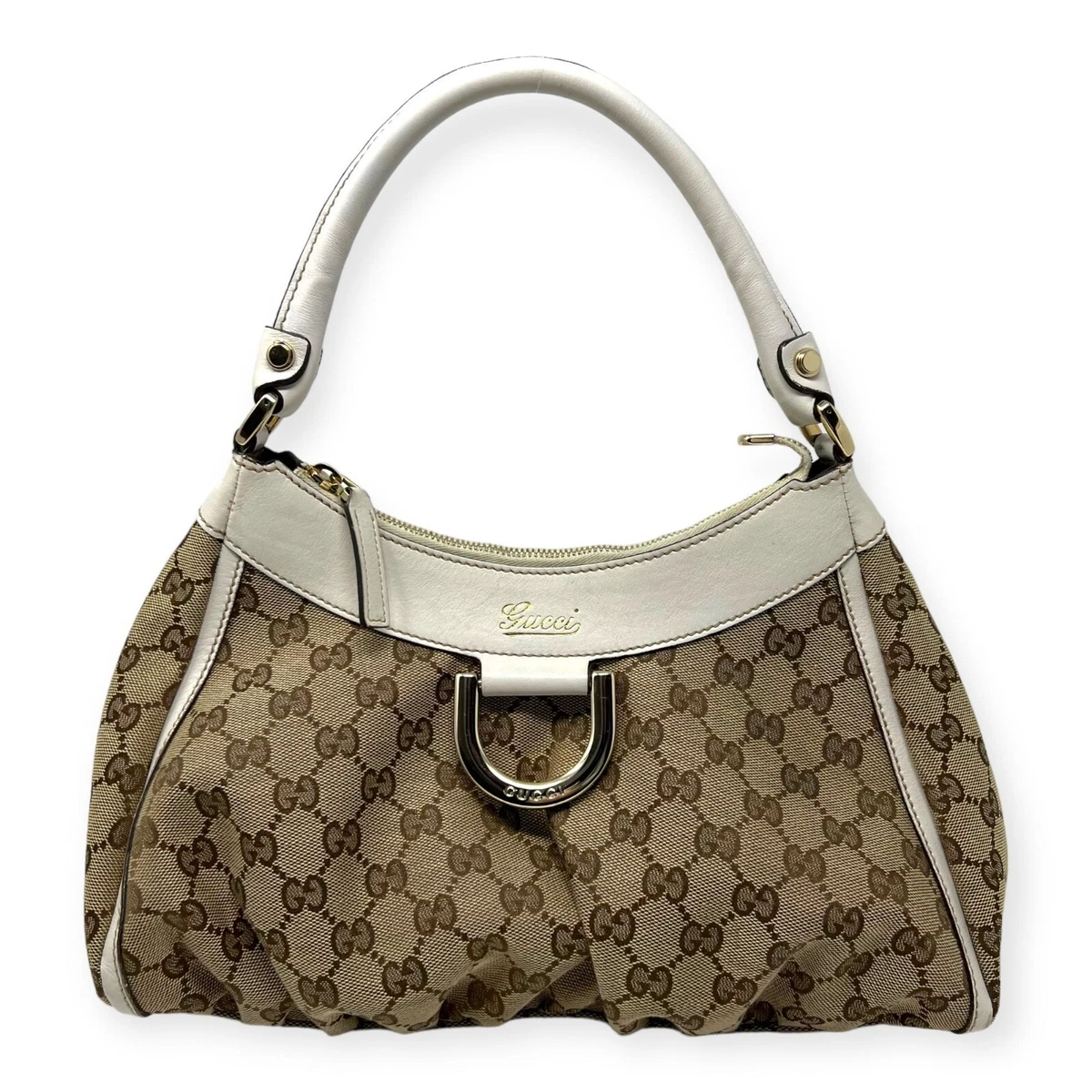 Gucci Abbey GG Logo Monogram Beige Canvas Leather Shoulder Bag