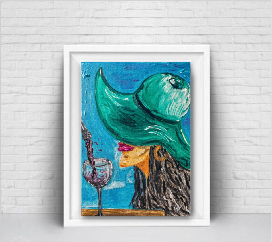 Woman Painting Wine Original Art Canvas Wall Art Portrait Artwork Female Woman