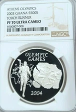 2003 GHANA SILVER 500 SIKA TORCH RUNNER NGC PF 70 ULTRA CAMEO PERFECT