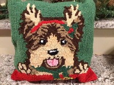   Pillow Dog Reindeer 15x15 Antlers Scarf Holly Brown Green Red Happy Christmas