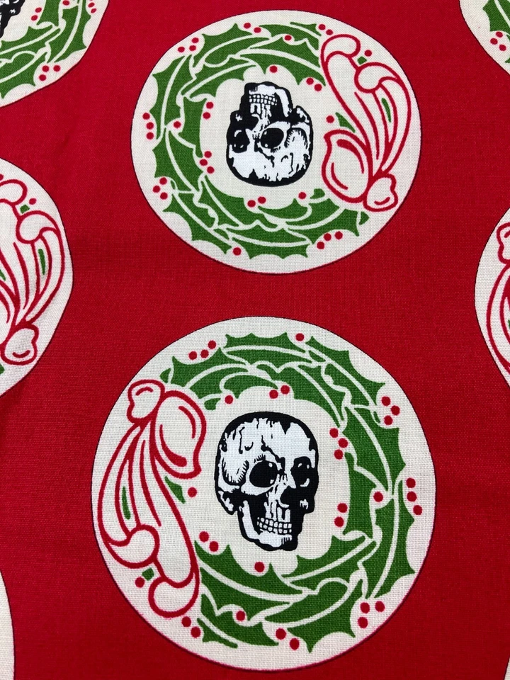 Lot Gothic Christmas Skulls Wreaths Red & Black Goth Holiday 1 yd Strips Scraps - Image 3 of 4
