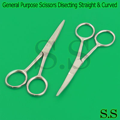 2pc 4.5'' General Purpose Scissors Disecting Straight & Curved Sharp Surface