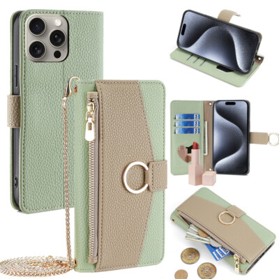 PU Leather Women Card Wallet +Ring Holder+Mirror+Crossbody Phone Case For Phones