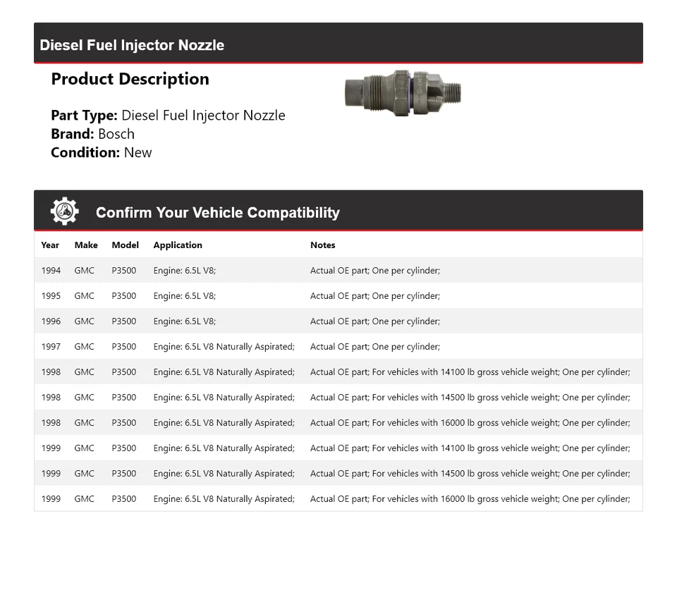 Boquilla inyectora de combustible diésel Bosch para GMC P3500 1994-1999 1995 1996 1997 1998 Foto 2 de 4