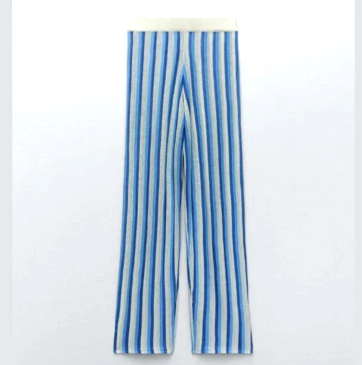 Nuevos Pantalones Zara Lino Tejidos Talla Mediana Rayas Azul Elástico Acampanado Nuevos con Etiquetas Verano Años 70 Foto 3 de 4