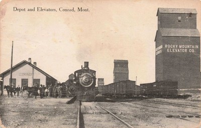 Postcard 1914 Depot and Elevators Conrad Mont. Rocky Mountain Elevator Co. X107