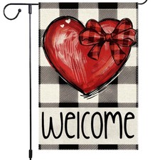 Valentines Day Garden Flag 12x18 Inch Double-Sided Burlap Red Heart Checkered Bo