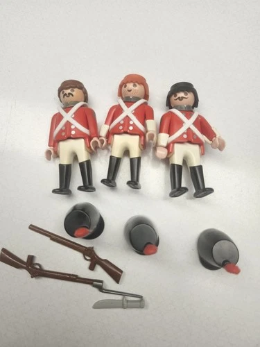 3 VTG Geobra Playmobil Red Coat Soldiers & Weapons Redhead Brown Black Hair